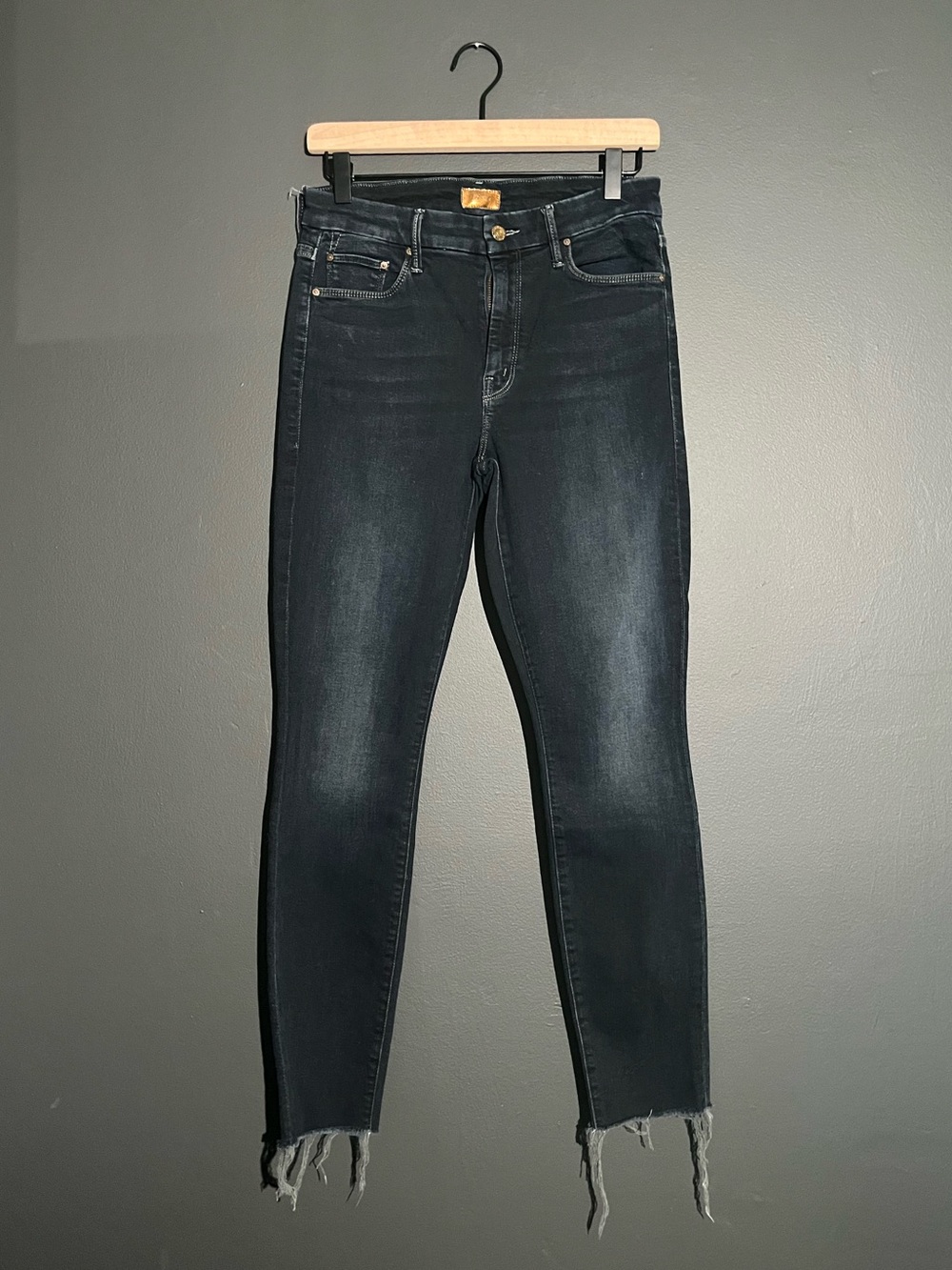 MOTHER Dark Wash High Rise Skinny Jeans Raw Hem 10” Rise